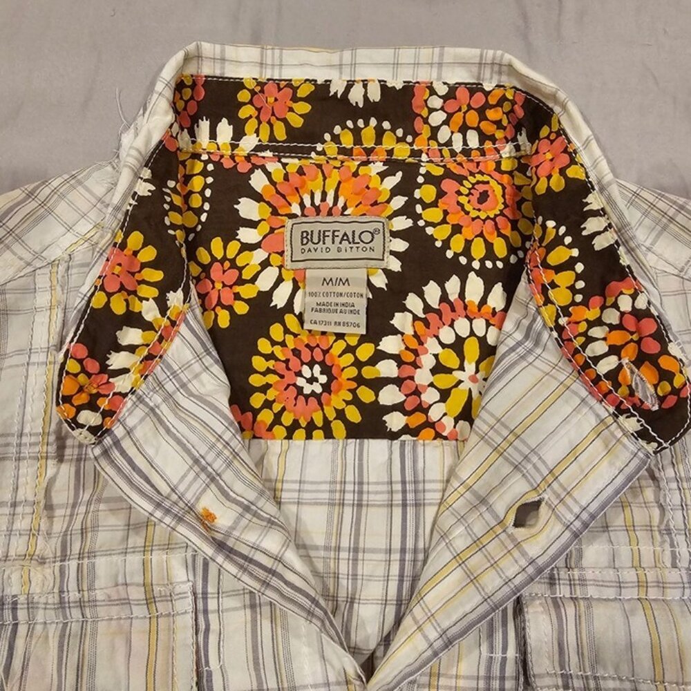 Buffalo David Bitton Plaid Button-Up Shirt M/M Beige & Yellow Cotton Floral Lini - Picture 2 of 5